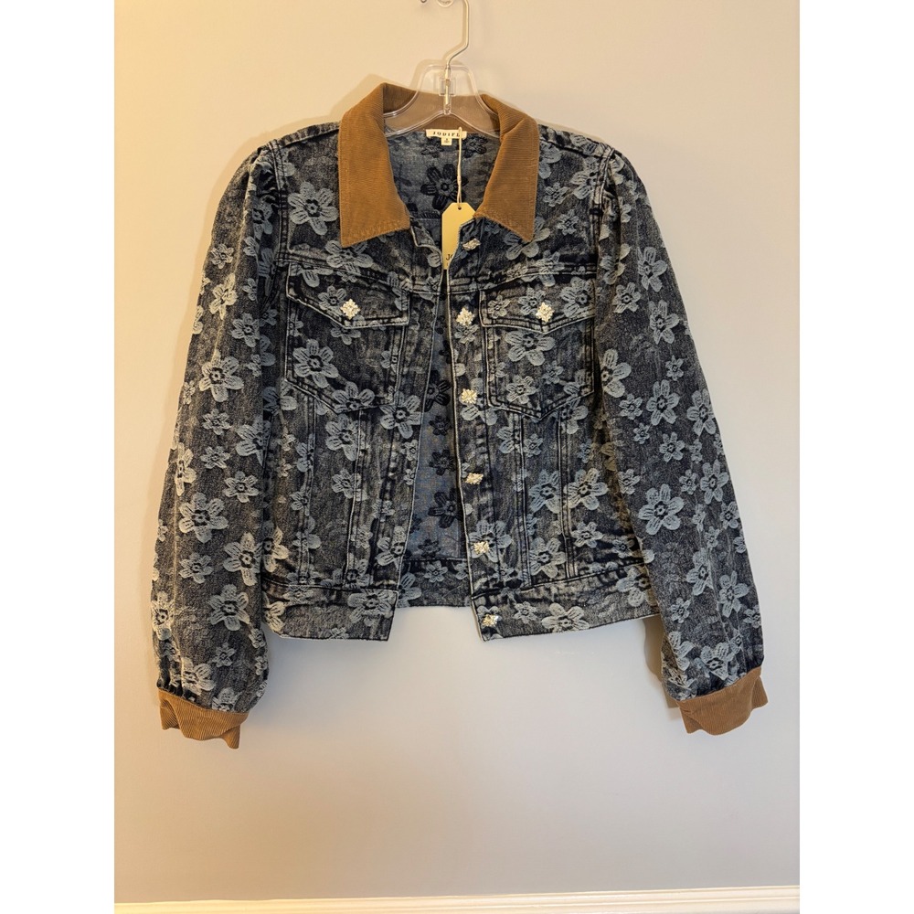 Jodifl Floral Denim Barn Jacket Women Small Acid Wash Corduroy Crystal R7055